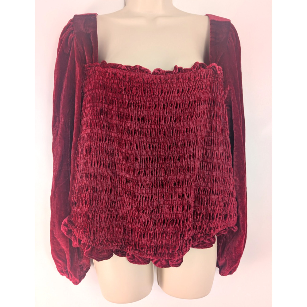 Torrid Velvet Smocked Blouson Sleeve Crop Top Size 3 Red Whimsigoth Peasant Boho